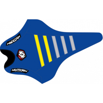 Blue, yellow and grey Kutvek seat cover.