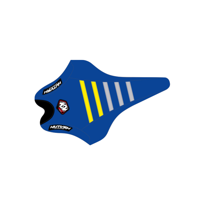 Housse de selle Kutvek bleu, jaune et gris.