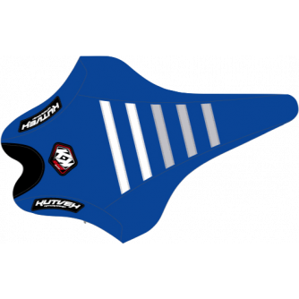 Housse de selle Kutvek bleu, blanc et gris.