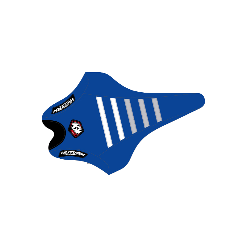 Housse de selle Kutvek bleu, blanc et gris.