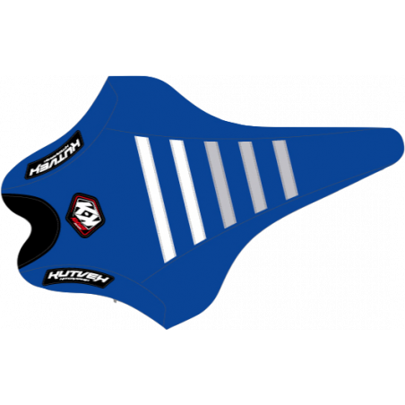 Housse de selle Kutvek bleu, blanc et gris.